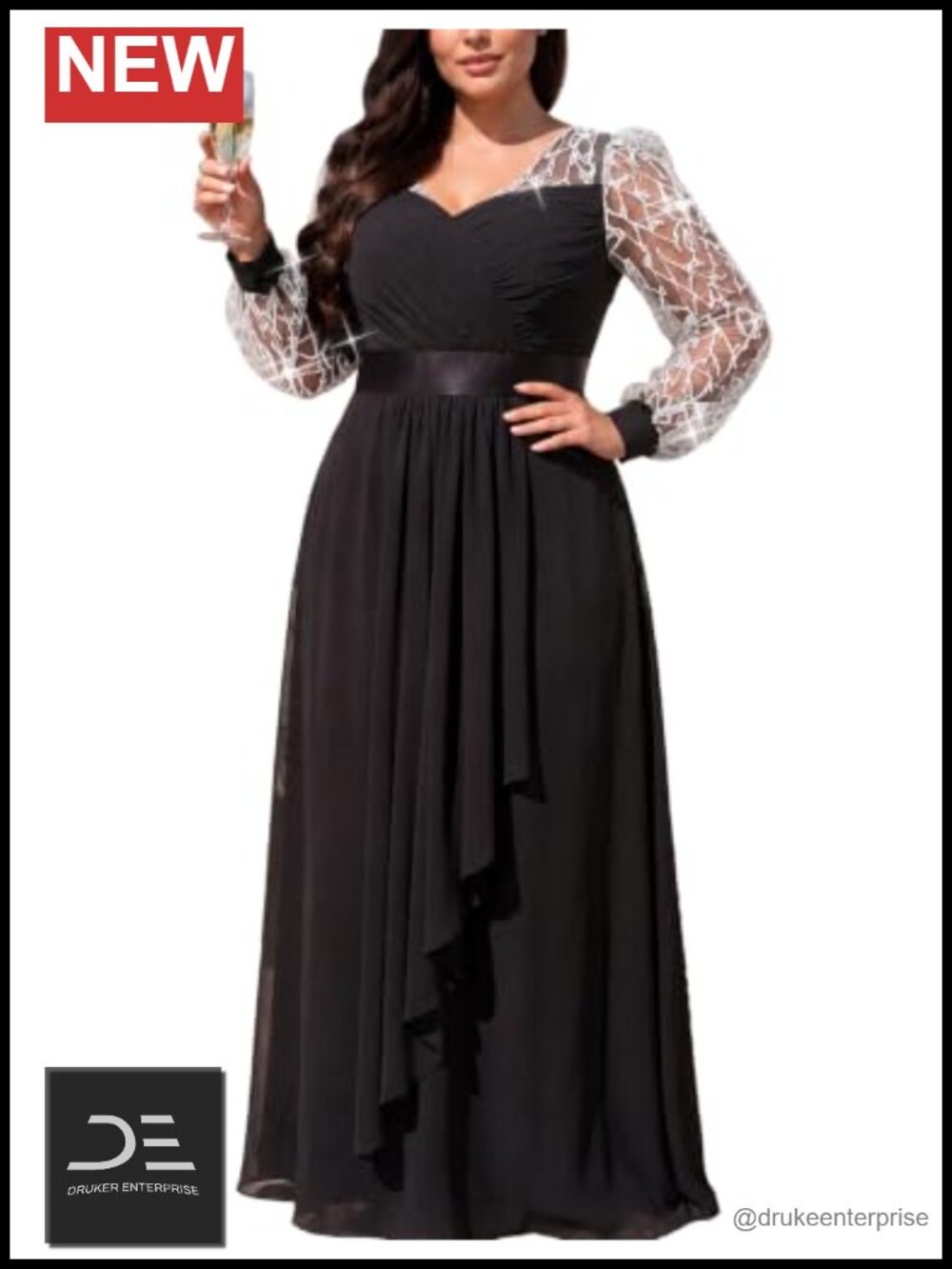 Plus Size Sequin Chiffon A-Line Formal Gown Long Sleeve Maxi Dress